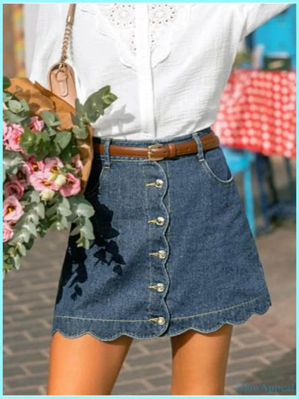 CUPSHE Women's Denim Mini Skirt Button Front A-Line Scalloped Jeans